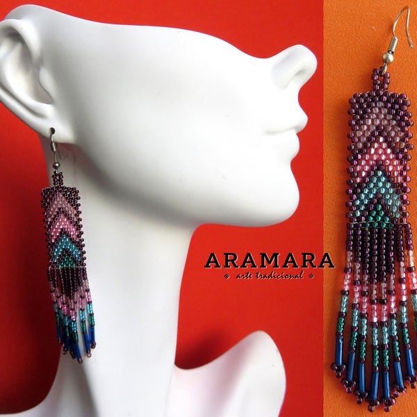 Huichol Beaded Earrings AO-0269 Huichol art, Mexican earrings, Mexican Jewelry, Huichol earrings, Huichol beadwork, Beaded Earrings, Boho