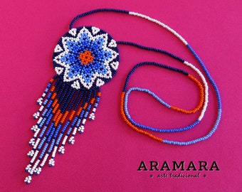 Mexican Huichol Beaded Round Blue Star Necklace, Huichol, Mexican necklace, Mexican Jewelry, Huichol Necklace, Huichol beadwork CRM-0014