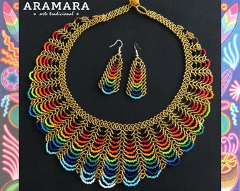 Huichol-sieradenset, Indiaan, Mexicaanse sieraden, Huichol-sieraden, Huichol-ketting, Mexicaanse ketting, boho, Huichol-oorbellen, JGO-0052