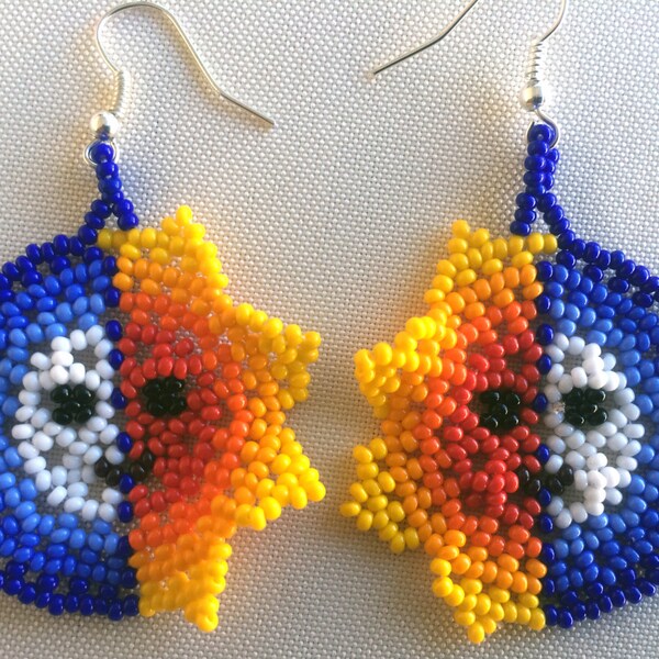 Mexican Huichol Beaded Sun and Moon Eclipse Earrings