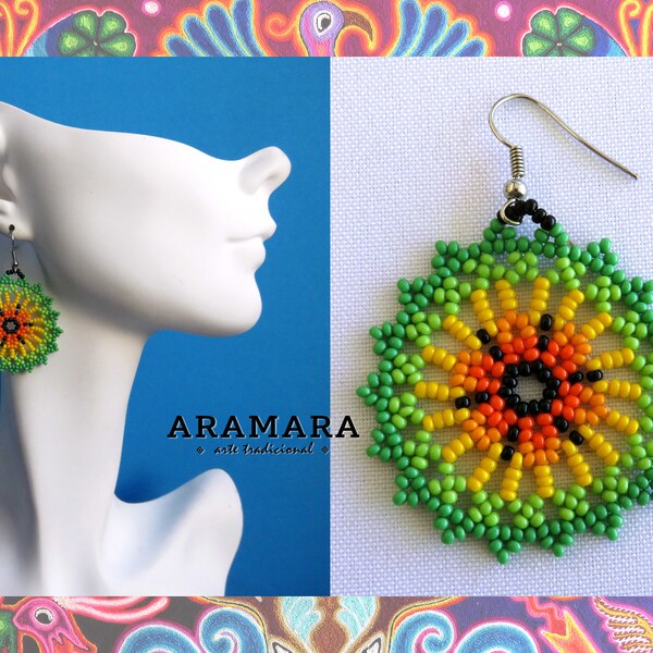 Mandala Earrings, Native american earrings, Huichol Earrings, Mexican earrings, Mexican Jewelry, Round earring, Mexican folk art, AR-0145