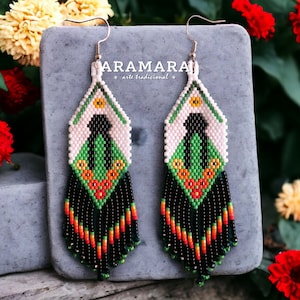 Huichol Earrings,  Doll earrings, Mexican earrings,Native american earrings, MMIW earrings, Fringe Earrings, Seed Bead Earrings, Statement,