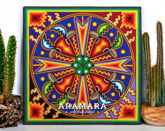 12" Huichol painting, Native art, Mexican painting, Huichol art, Mexican wall art, Mexican decor, Mexican art, Mexican folk art, 30-533