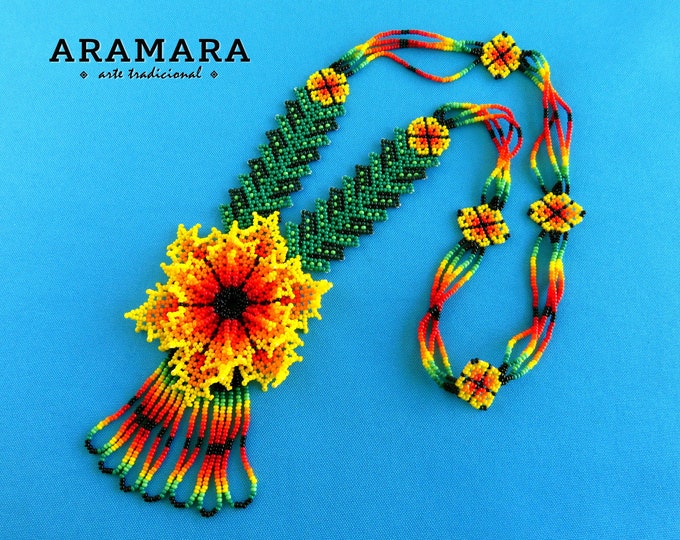 Beaded Flower, Mexican Jewelry, Native American Necklace, Huichol