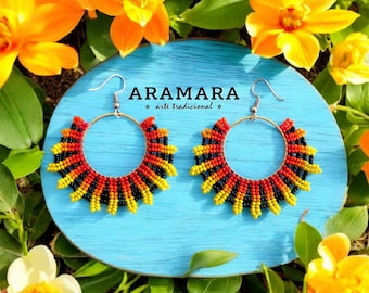 Hoop Earrings, Mexican Folk Art, Mexican Earrings, Seed Bead Earrings, Native American Earrings, Huichol Earrings, Round earrings, Swirl,