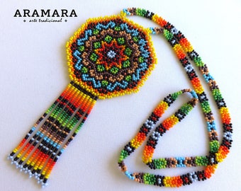 Huichol Jewelry set, Huichol necklace, Mexican Necklace, Huichol earrings, Huichol Jewelry, Mexican Jewelry, Medallion necklace, JGO-0179