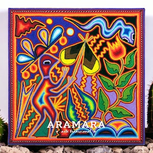 12 インチ ウイチョル絵画、ネイティブ アート、メキシコ絵画、ウイチョル アート、メキシコ壁画、メキシコ装飾、メキシコ アート、メキシコ民芸品、30-534