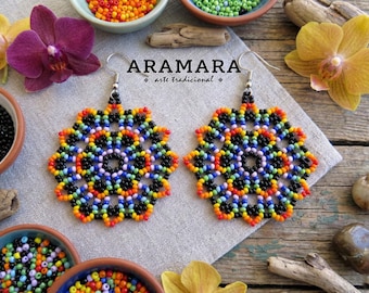 Boho Beaded Mandala Earrings | Mexican Folk Art | Huichol Beadwork | Black and Multicolor