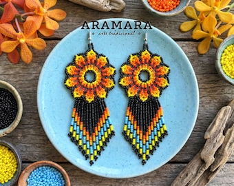 Fringe Beaded Flower Earrings | Seed Bead Jewelry | Huichol Beadwork | Orange and Black
