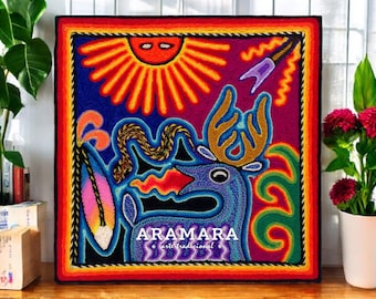 8" Huichol painting, Native art, Mexican folk art, Mexican wall art, Huichol art, Mexican decor, Mexican painting, Mexican art, 20-265