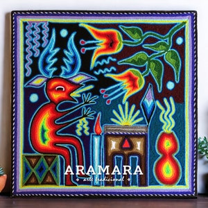 12" Huichol Yarn painting, Mexican art, Mexican painting, Mexico art, Huichol art, Huichol painting, Huichol Yarn, Mexican decor 30-526