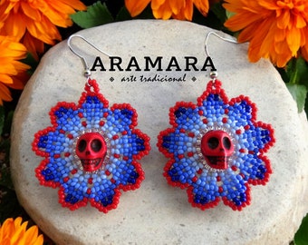 Beaded Flower earrings, Huichol Earrings, Dia de muertos, Day of the dead earrings, Beaded skull, Seed Bead Earrings, Sugar skull, Catrina,