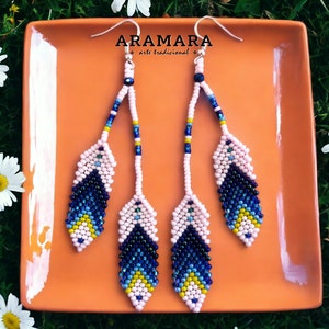 Huichol Earrings, beaded feather earrings, Mexican Earrings, Seed Bead Earrings, Fringe Earrings, Mexican Folk Art,Native American Earrings