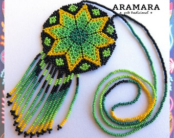 Mexican Huichol Beaded Round Star Necklace, Huichol art, Mexican necklace, Mexican Jewelry, Huichol Necklace, Huichol beadwork CRM-0006