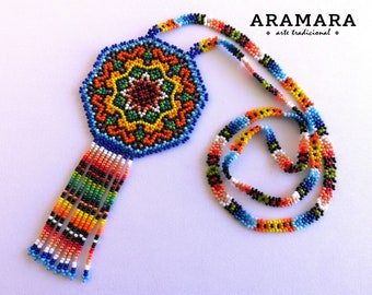 Medallion necklace, Huichol necklace, Huichol Jewelry set, Huichol earrings, Mexican Jewelry, Huichol Jewelry, Mexican Necklace, JGO-0240