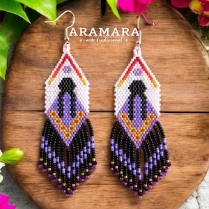 Huichol Earrings,  Doll earrings, Mexican earrings,Native american earrings, MMIW earrings, Fringe Earrings, Seed Bead Earrings, Statement,