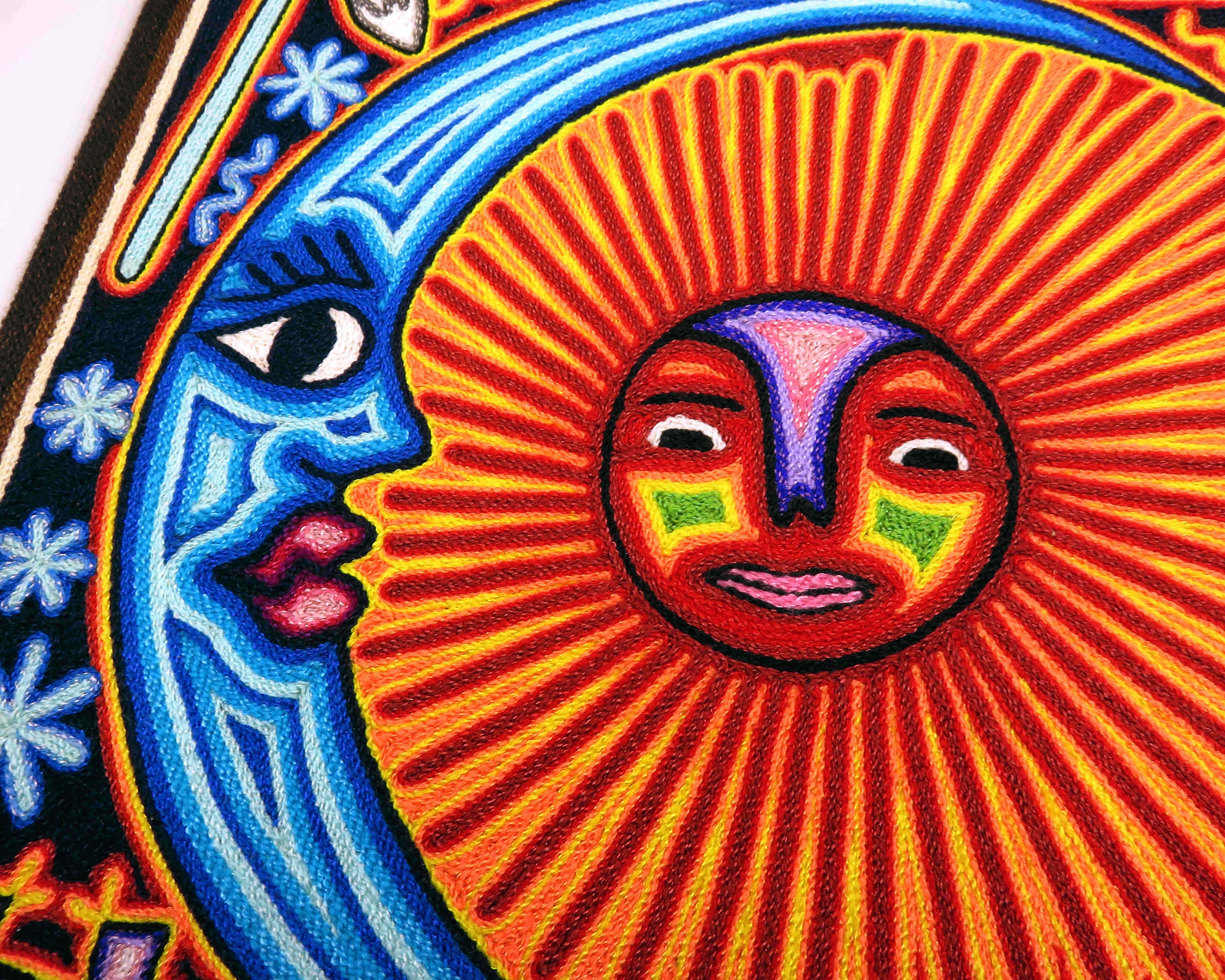 8 x 8 Huichol Yarn Art Painting Blessing of the Sun, Mexican Folk Art Wall  Hanging, Bohemian Decor
