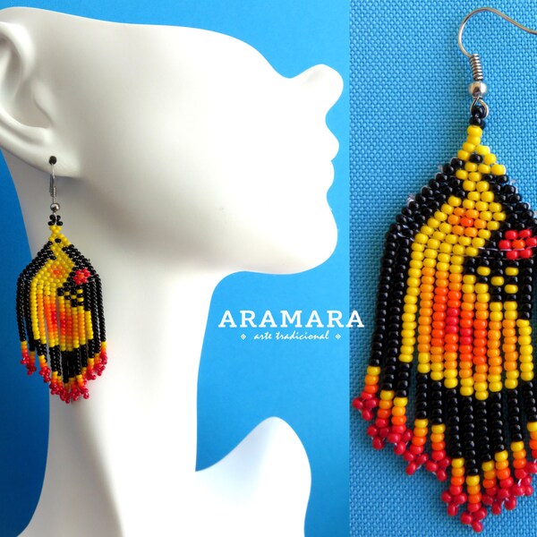 Beaded Peacock, Huichol Earrings, Peacock Earrings, Mexican folk art, Mexican Jewelry, Native american earrings, Mexican earrings, AO-0047