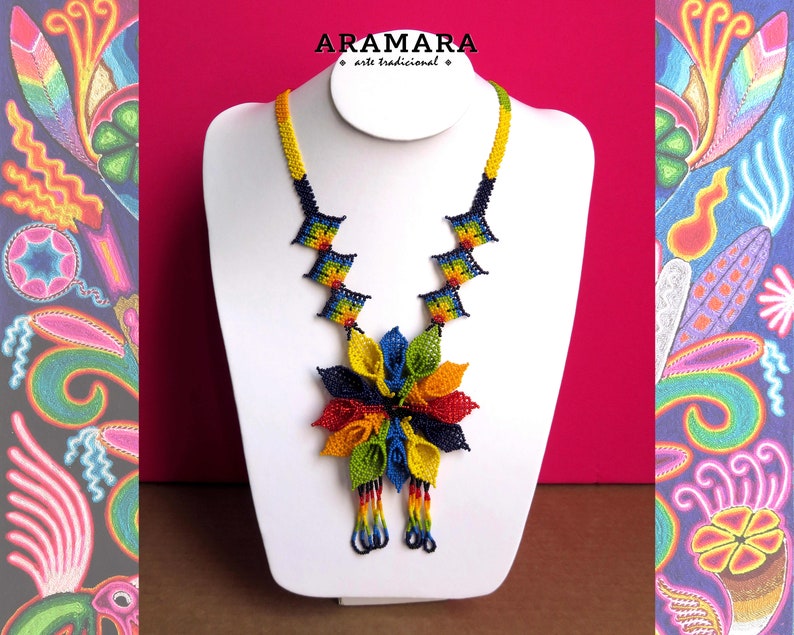 Beaded Flower Huichol jewelry Mexican Necklace Huichol necklace Flower necklace Mexican Jewelry CFG-0194 Native american necklace