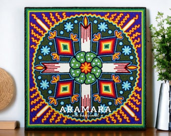12" Huichol painting, Native art, Huichol art, Mexican art, Mexican decor, Mexican painting, Mexican wall art, Mexican folk art, 30-553