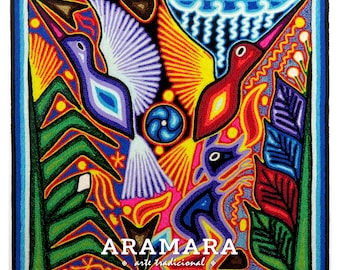 12" Huichol painting, Mexican decor, Mexican painting, Native art, Mexican art, Huichol art, Mexican wall art, Mexican folk art, 30-577