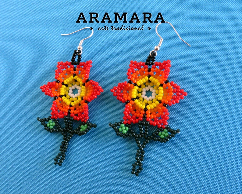 Huichol Earrings Native american earrings Beaded Flower Mexican earrings Mexican Jewelry Flower Earrings Mexican folk art AF-0919