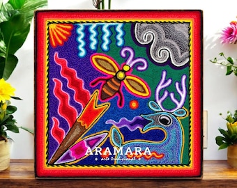 8" Huichol painting, Native art, Mexican folk art, Mexican wall art, Huichol art, Mexican decor, Mexican painting, Mexican art, 20-261
