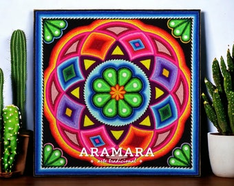Huichol Yarn Painting, Native Mexican Folk Art, 12" Square