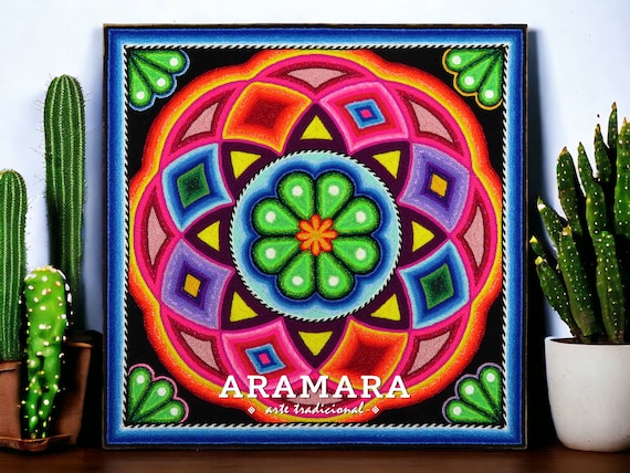 Huichol Yarn Painting, Native Mexican Folk Art, 12" Square
