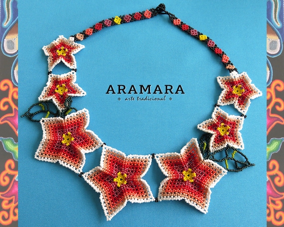 Flower necklace, Native american necklace, Huichol jewelry, Huichol necklace, Beaded Flower, Mexican Jewelry, Mexican Necklace, CFG-0078