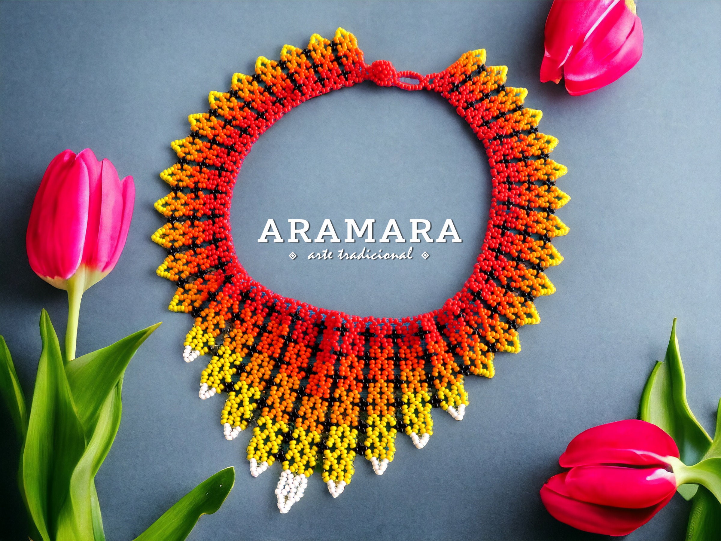 Mexican Jewelry, Huichol necklace, Huichol Jewelry, Choker necklace, Beaded necklace, Mexican Necklace, Huichol beadwork, Bib, COM-0050