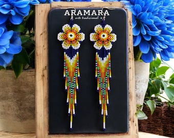 Beaded Flower Fringe Earrings | Huichol Beadwork | Mexican Jewelry | Navy Ombre and White