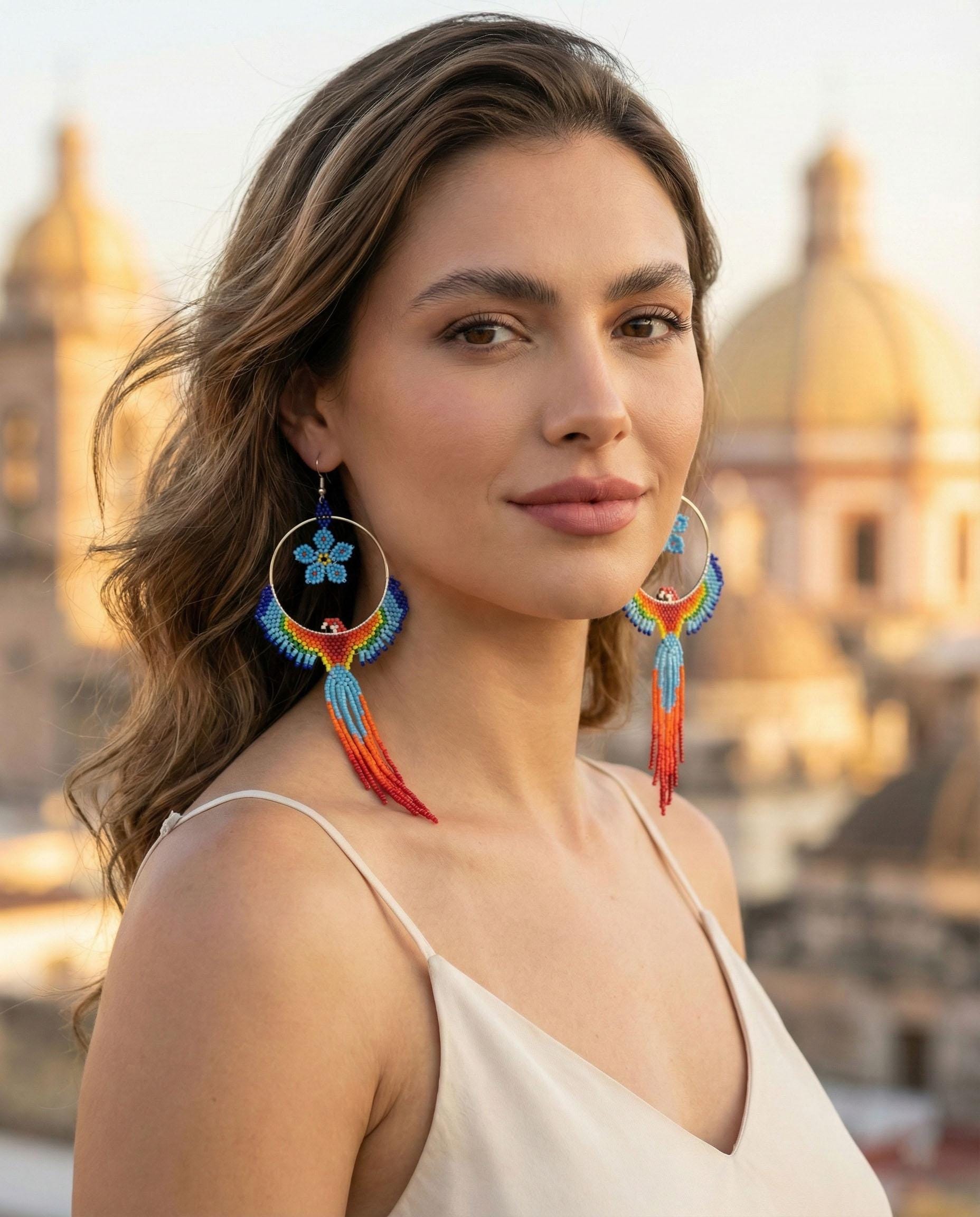 Beaded Parrot Earrings | Fringe Earrings | Huichol Beadwork