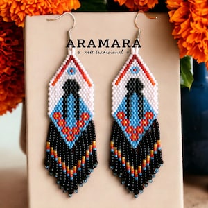 Huichol Earrings,  Doll earrings, Mexican earrings,Native american earrings, MMIW earrings, Fringe Earrings, Seed Bead Earrings, Statement,