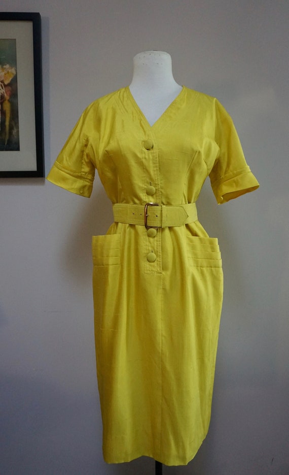 Vintage 1950s Yellow Raw Silk Shirt Dress with Poc