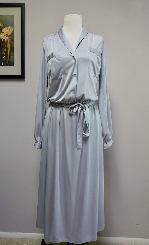 1970s Silky Light Blue Shirt Dress