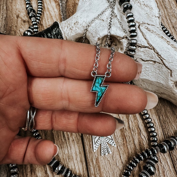 DAINTY BOLT NECKLACE | Stone Lightning Bolt Dainty chain necklace | blue turquoise  | accessories | jewelry | gift for her