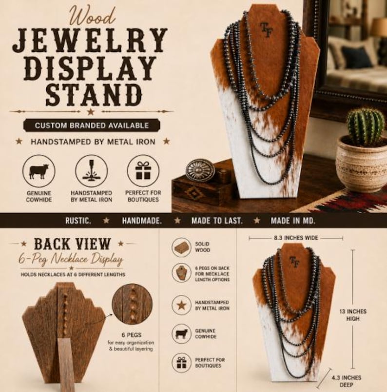 May include: A wood jewellery display stand covered in white and brown cowhide, featuring a multi-strand beaded necklace. The stand measures 13 inches high, 8.3 inches wide, and 4.3 inches deep, with six pegs on the back for necklace organisation.