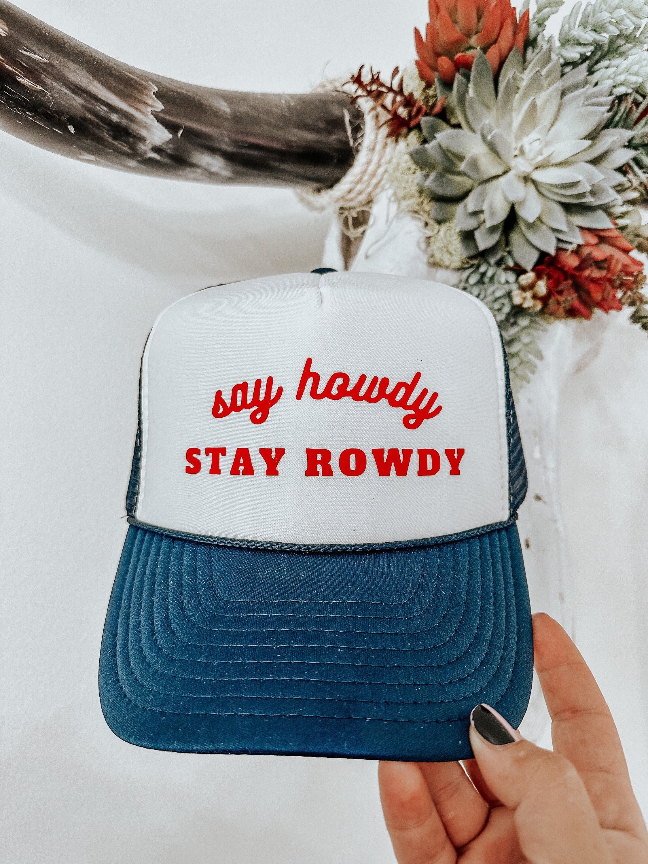 Say Howdy Stay Rowdy Green Trucker Hat with Pink Embroidery Adjustable NWT Say Howdy, Stay Rowdy Hat | Boho Western | The Bevel Label main image 3
