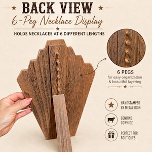 May include: A brown wooden necklace display stand showing a back view with six pegs for organising jewellery at different lengths. The display includes text labels such as BACK VIEW, 6-Peg Necklace Display, and details about the six pegs, cowhide, and metal iron.