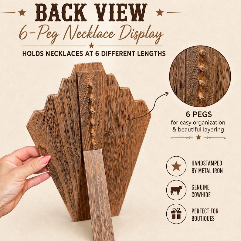 May include: A brown wooden necklace display stand showing a back view with six pegs for organising jewellery at different lengths. The display includes text labels such as BACK VIEW, 6-Peg Necklace Display, and details about the six pegs, cowhide, and metal iron.