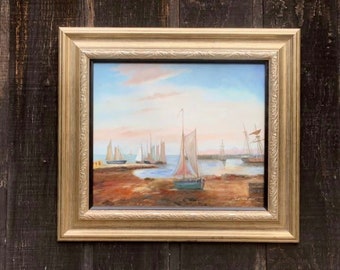 Sailboats In A Harbor Signed Oil Painting