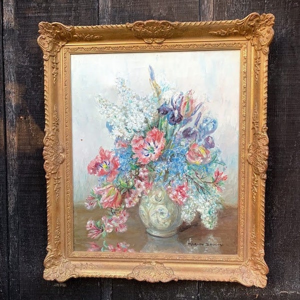 Peinture à l'huile originale de Marion Broom - bouquet floral, vers 1930