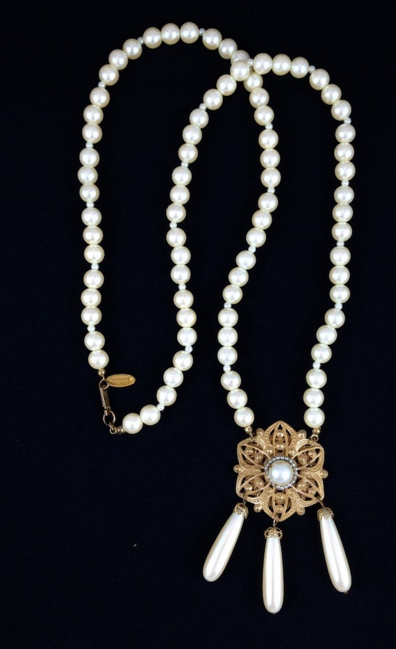 Miriam Haskell Brass & Faux Pearl Pendant Necklace