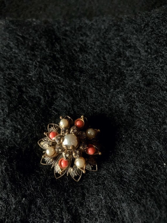 Brass Faux Pearl & Coral Brooch