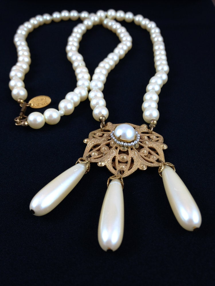 Miriam Haskell Brass & Faux Pearl Pendant Necklace - Etsy