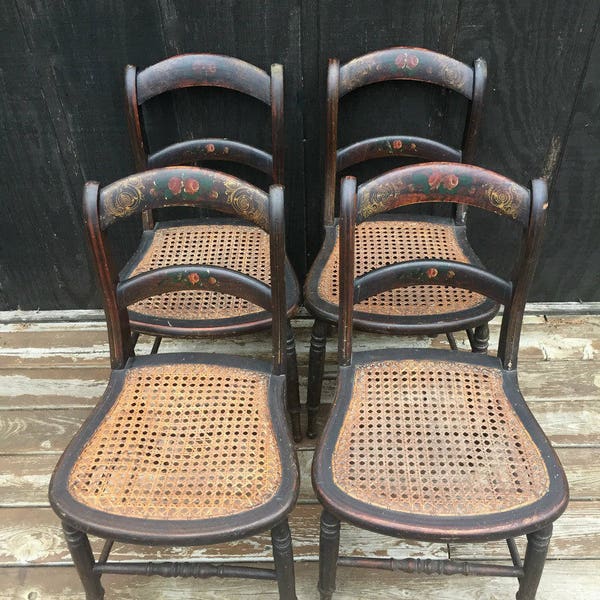 Victorian Stenciled Cane Bottom Chairs (Set of 4) Circa 1870