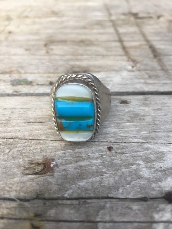 Turquoise, Coral and Silver Men's Ring