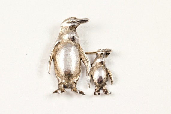 Vintage Sterling Silver Mother and Baby Penguin B… - image 1