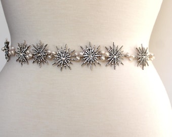 Silver Celestial Bridal Sash, Bridal Star Belt ,wedding 